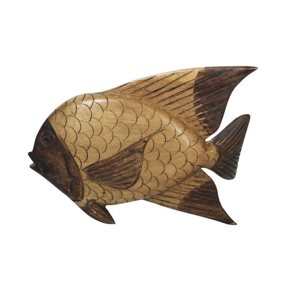 Vintage Pair of Wood Carved Fish Detailed Scales Sculpture 9" x 6" - Picture 3 of 9